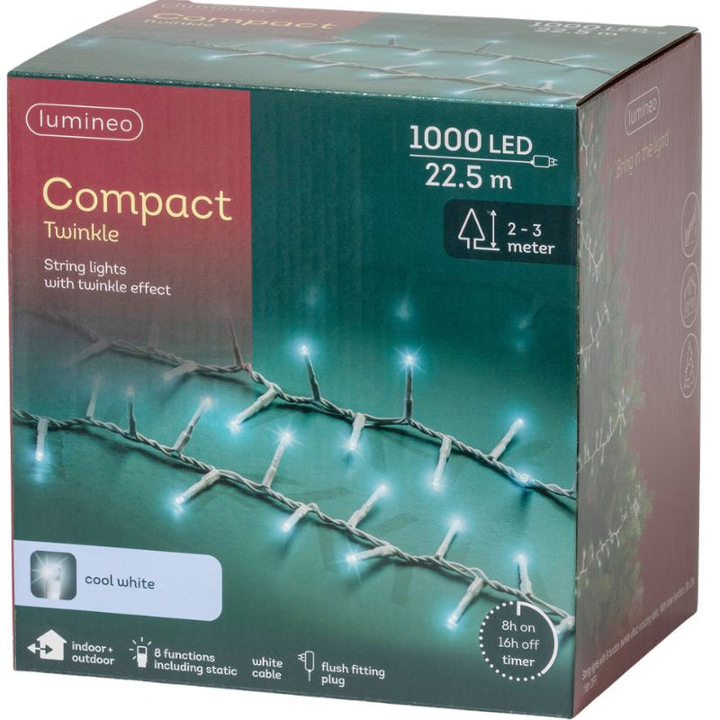 Lumineo Plug In Christmas Lights (Mains Powered) - 1000 Cool White LED String Lights Cool White - White Cable