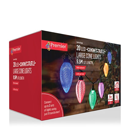Premier Plug In Christmas Lights (Mains Powered) - Multicolour LED Cone String Lights