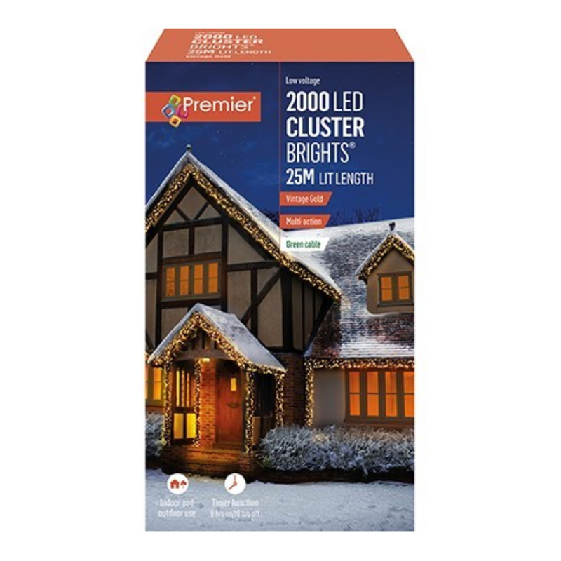 Premier Plug In Christmas Lights (Mains Powered) – Vintage Gold LED Cluster String Lights