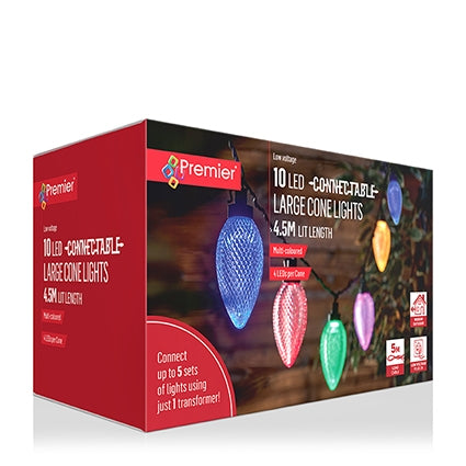 Premier Plug In Christmas Lights (Mains Powered) - Multicolour LED Cone String Lights