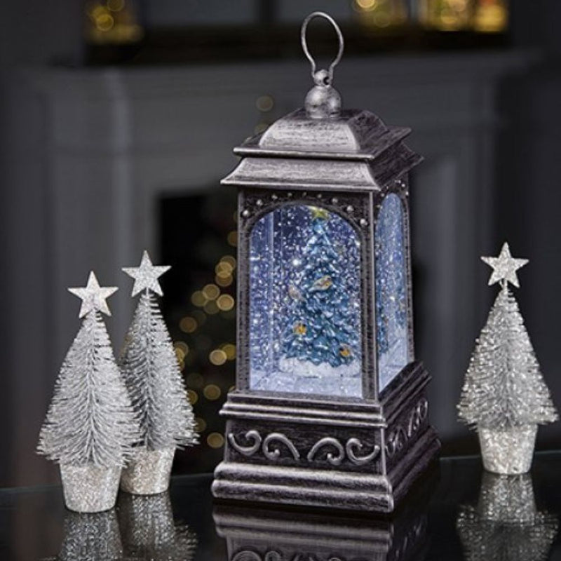 21cm Lit Robins on Tree Glitter Water Spinner