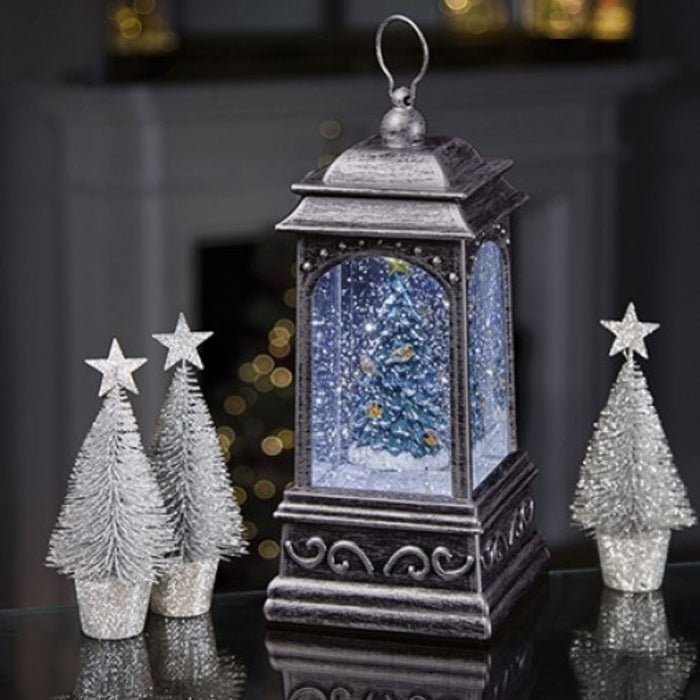 21cm Lit Robins on Tree Glitter Water Spinner