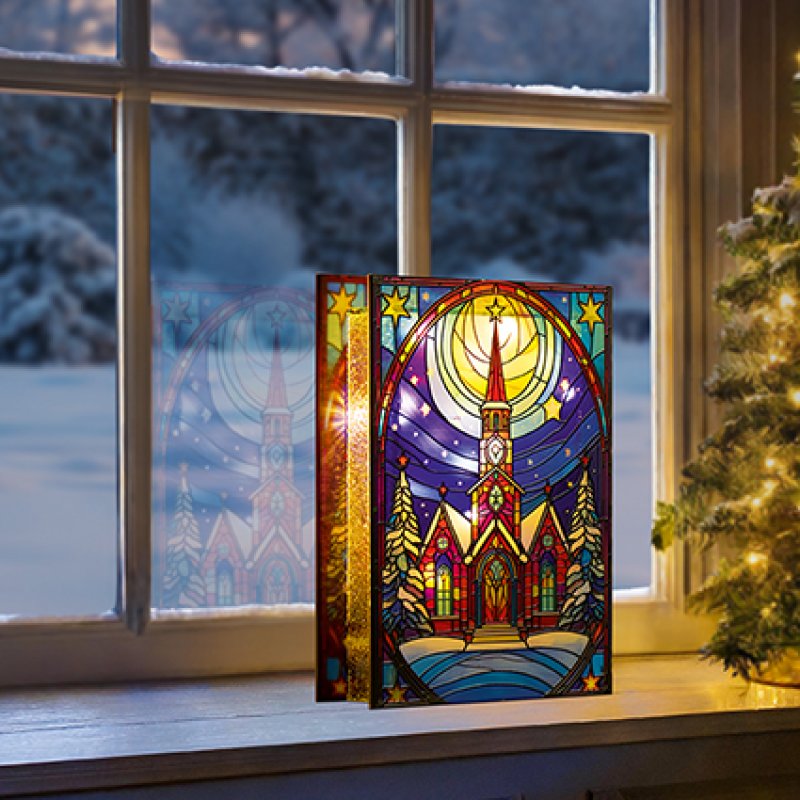 21cm x 13cm Stained Glass LED Lit Church