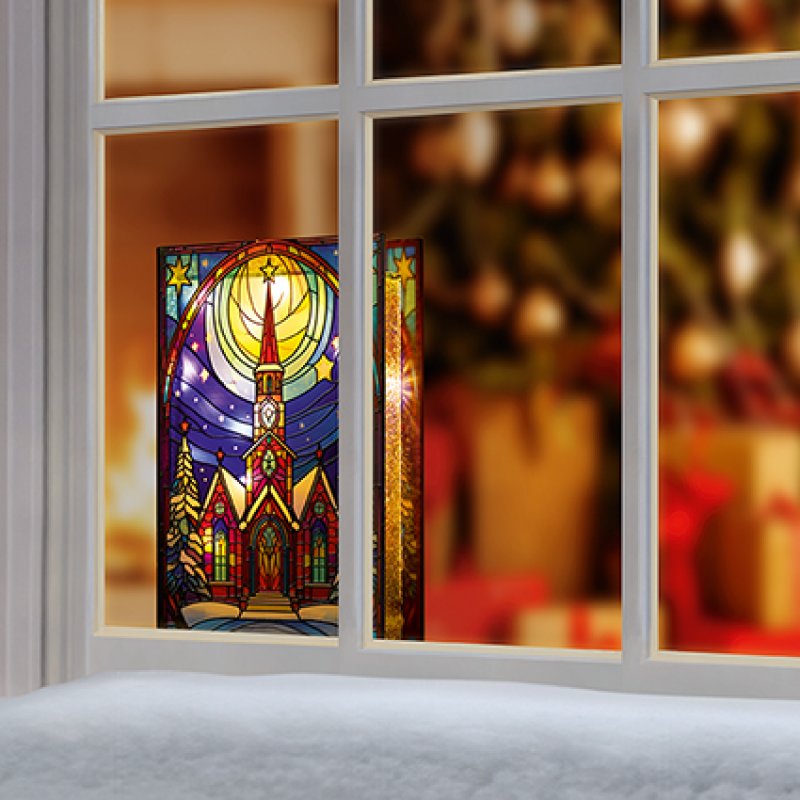 21cm x 13cm Stained Glass LED Lit Church