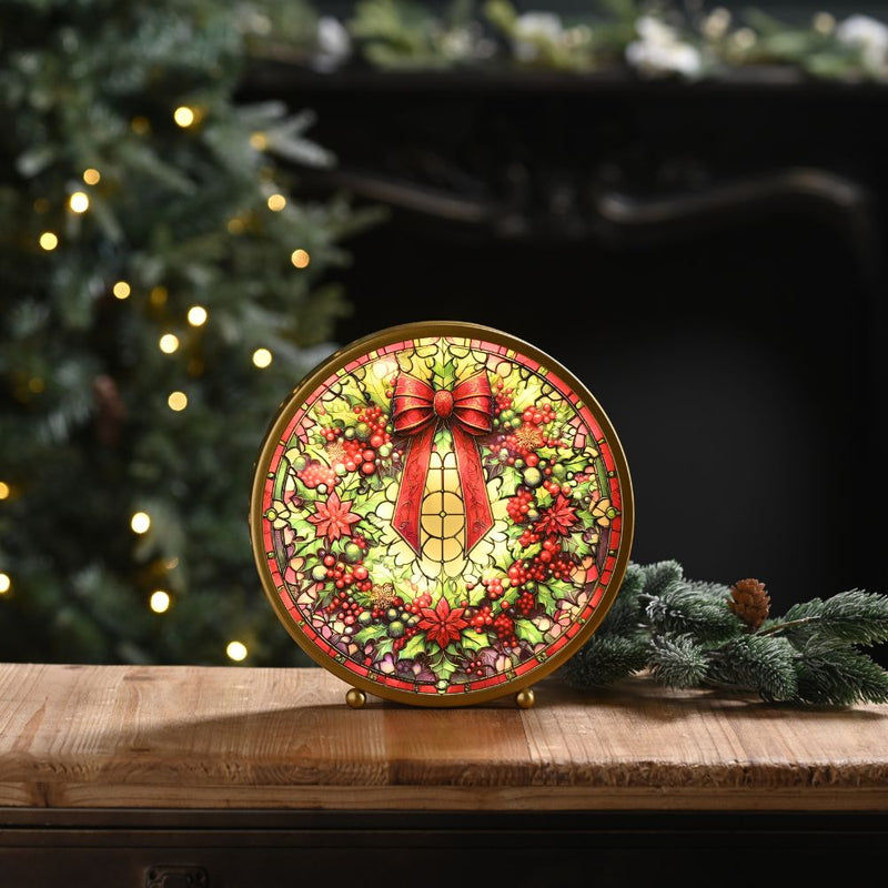 Festive 22cm Lit Stained Glass Wreath Table Decoration