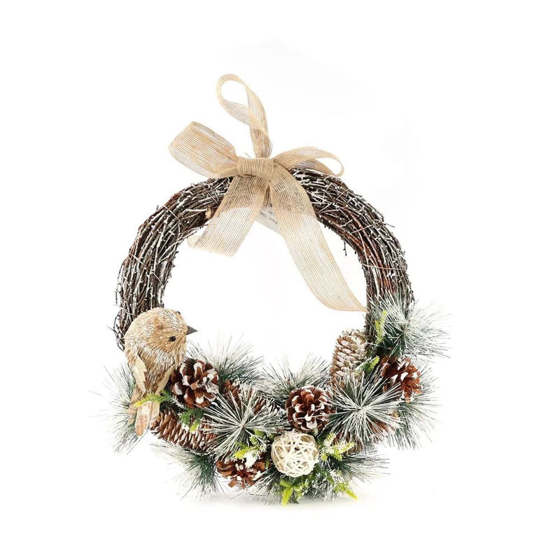 37cm Half Wreath With Bird, Pinecones and Ribbon