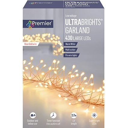 Premier Plug In Rose Gold Wire Garland l(Mains Powered) - Warm White 430 LED String Lights