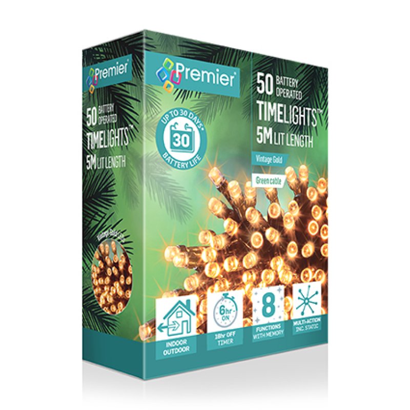 Premier Battery Operated Christmas Lights - Vintage Gold LED String Lights