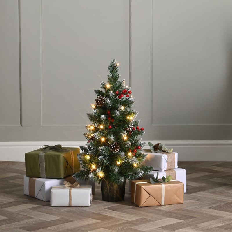 Festive 60cm Prelit Potted ChristmasTree with Pinecones & Berries