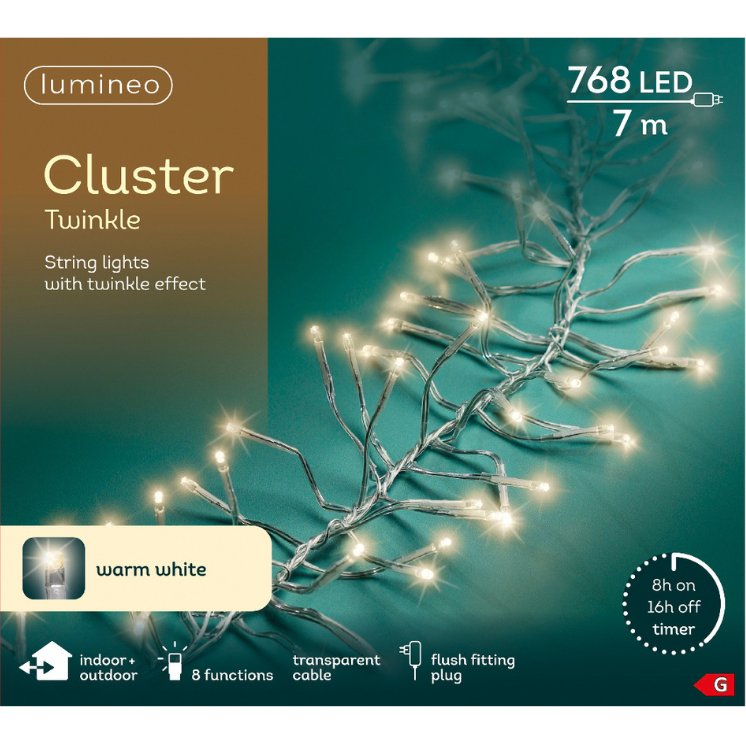 Lumineo Plug In Christmas Lights (Mains Powered) – Warm White LED Cluster String Lights - Clear Cable