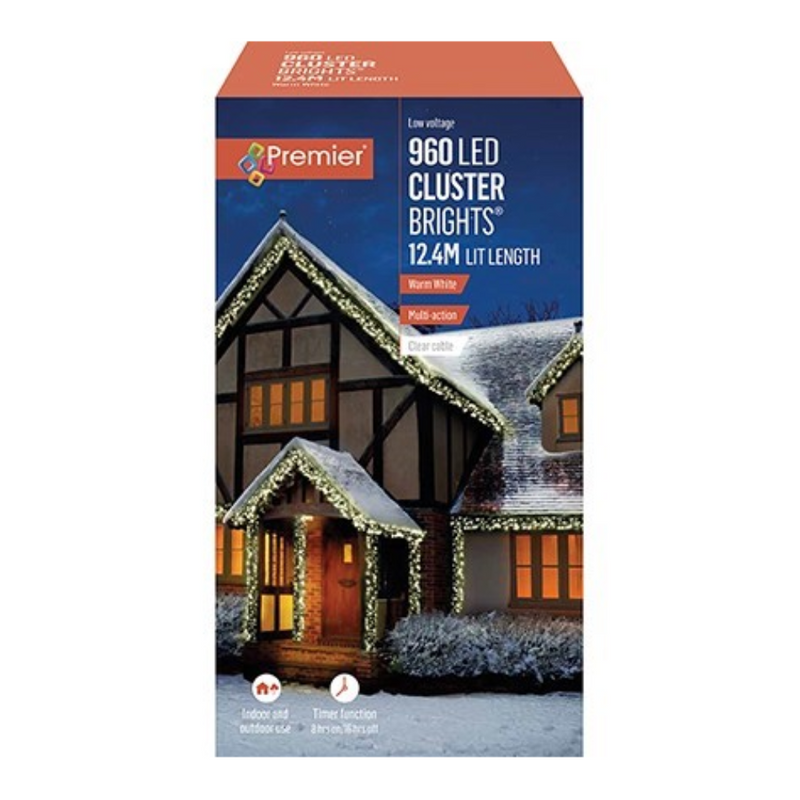 Premier Plug In Christmas Lights (Mains Powered) – Warm White LED Cluster String Lights - Clear Cable