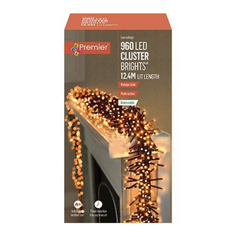 Premier Plug In Christmas Lights (Mains Powered) – Vintage Gold LED Cluster String Lights