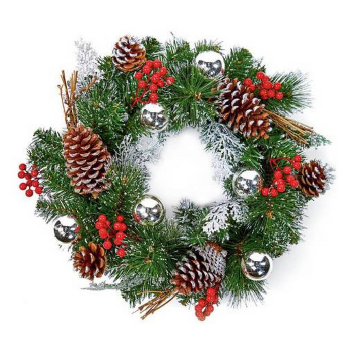 Premier 40cm Christmas Wreath With Baubles, Berries & Pinecones