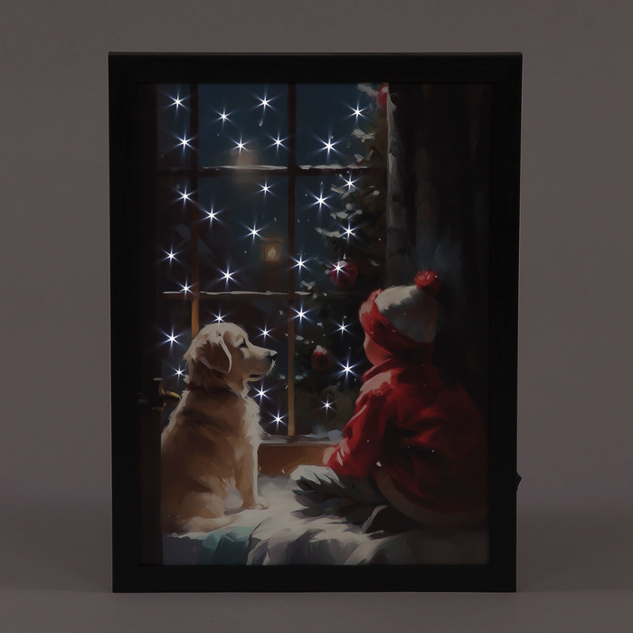 Snowtime LED Framed Canvas Puppy & Child