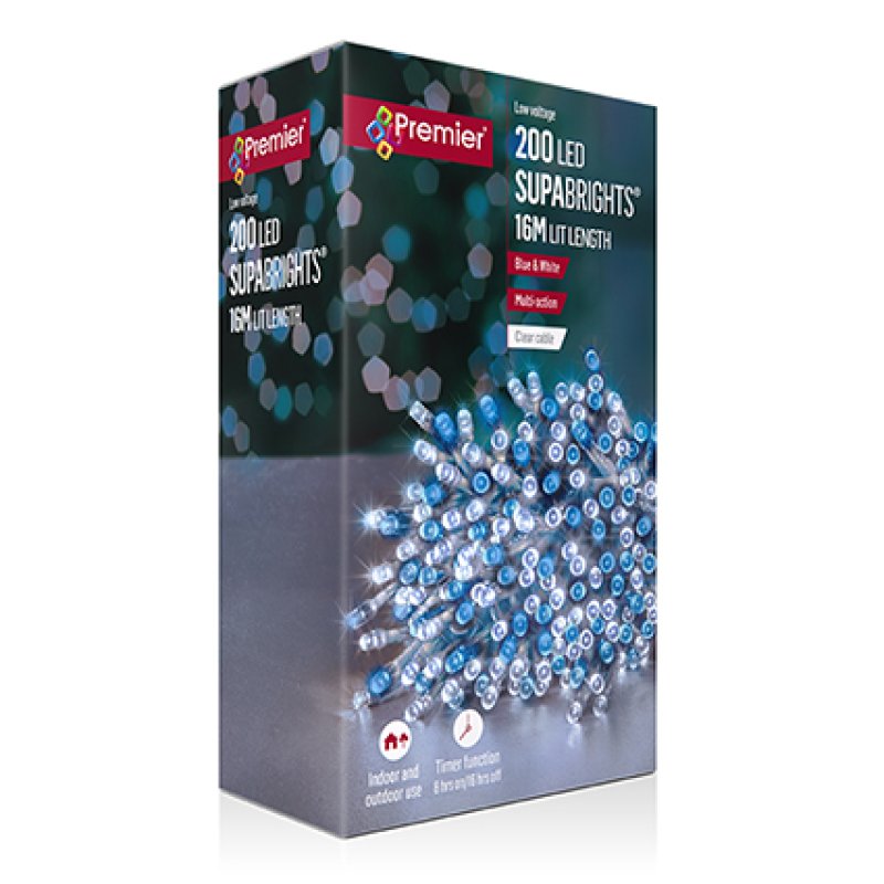Premier Plug In Christmas Lights (Mains Powered) – Blue and White 200 LED String Lights