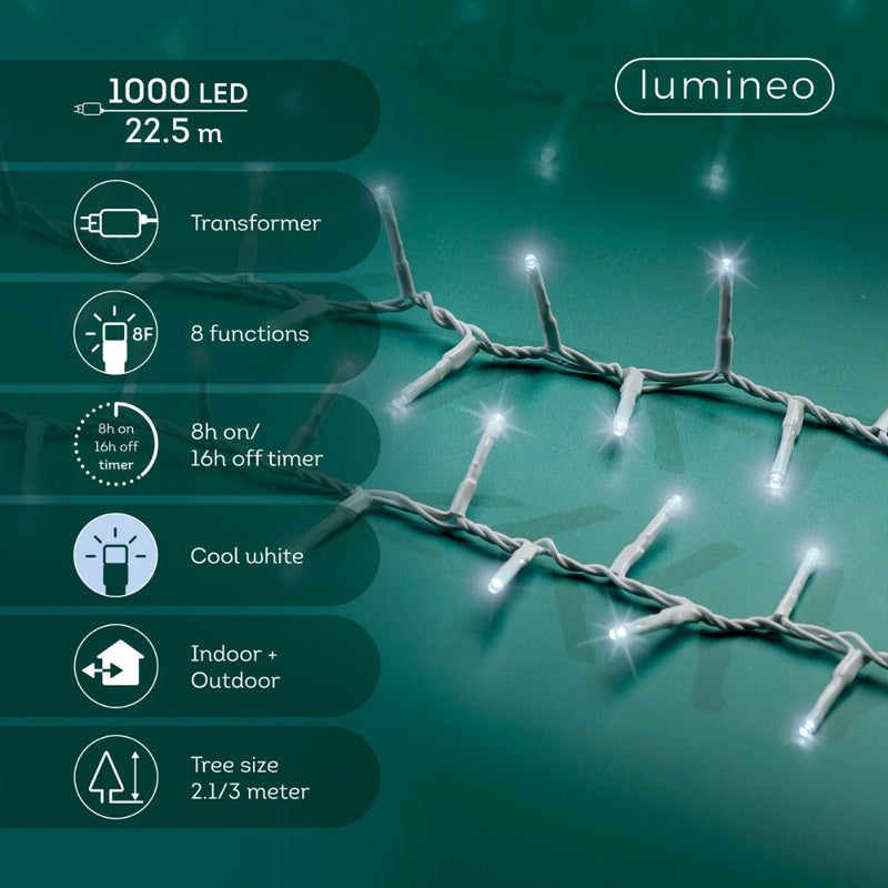 Lumineo Plug In Christmas Lights (Mains Powered) - 1000 Cool White LED String Lights Cool White - White Cable