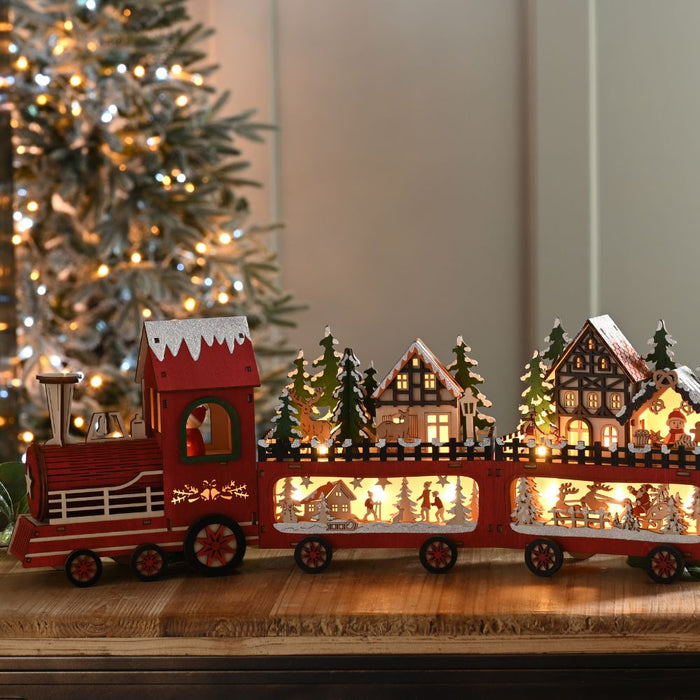 56cm Lit Wooden Train Christmas Scene