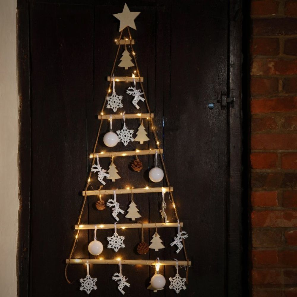 Noma 62cm Wooden Hanging Tree Ladder With Decs and Wire Lights ...