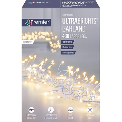 Premier Plug In Rose Silver Wire Garland l(Mains Powered) - Warm White 430 LED String Lights
