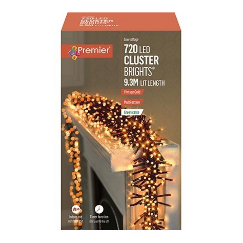 Premier Plug In Christmas Lights (Mains Powered) – Vintage Gold LED Cluster String Lights