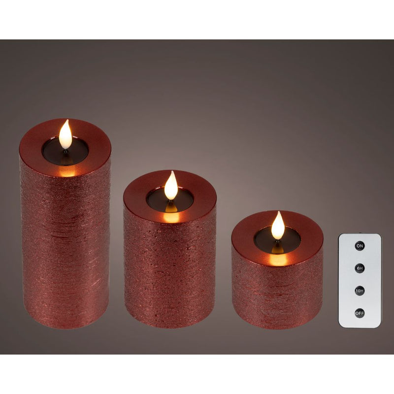 Set of 3 LED Realistic Wick Candle - Oxblood/Warm White