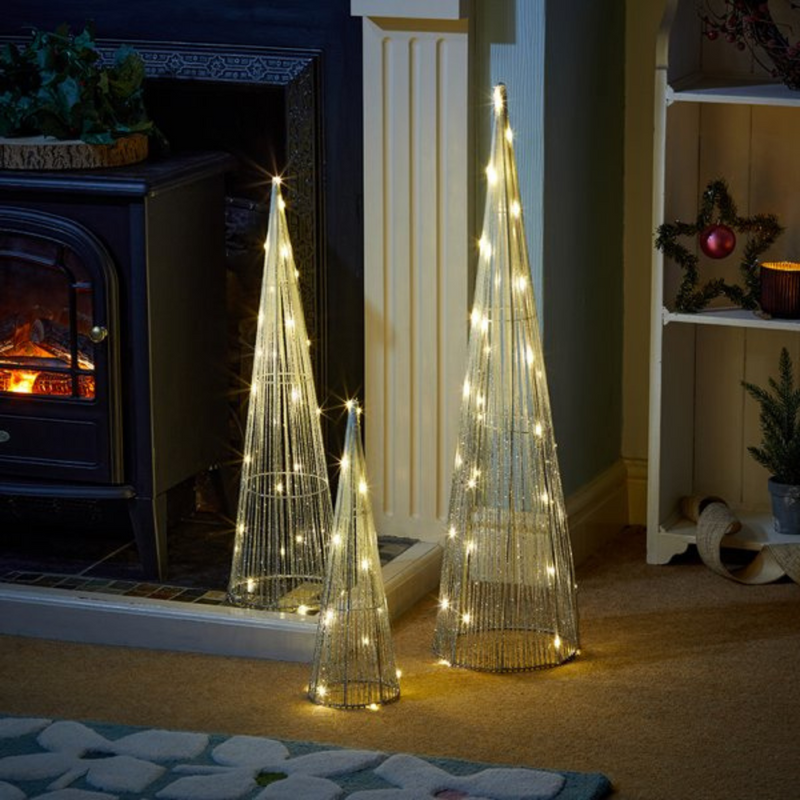 Silver Sparkly LED TreeBelisk Cone - Set of 3