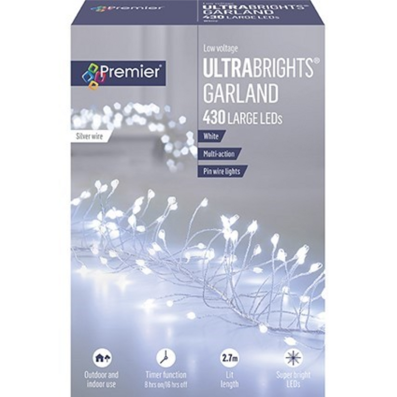 Premier Plug In Silver Wire Garland (Mains Powered) - Cool White 430 LED String Lights