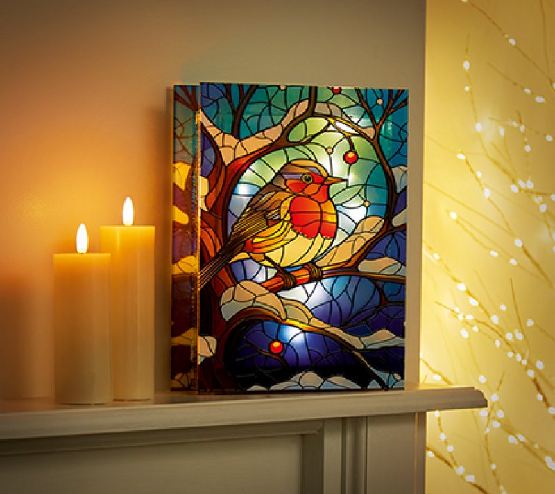 21cm x 28cm Stained Glass LED Lit Robin