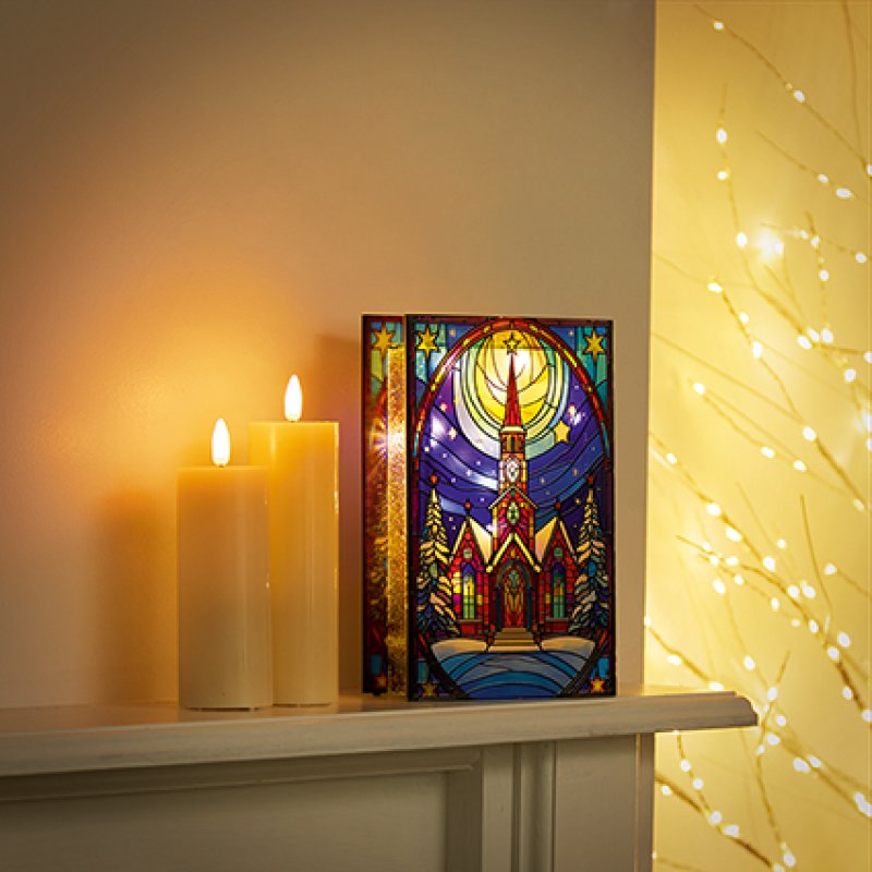 21cm x 13cm Stained Glass LED Lit Church