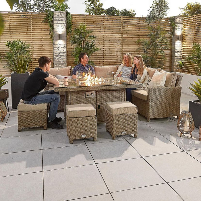 Nova Outdoor Living Ciara Right Hand Corner Sofa Set + Fire Pit With Family Gathered In The Garden