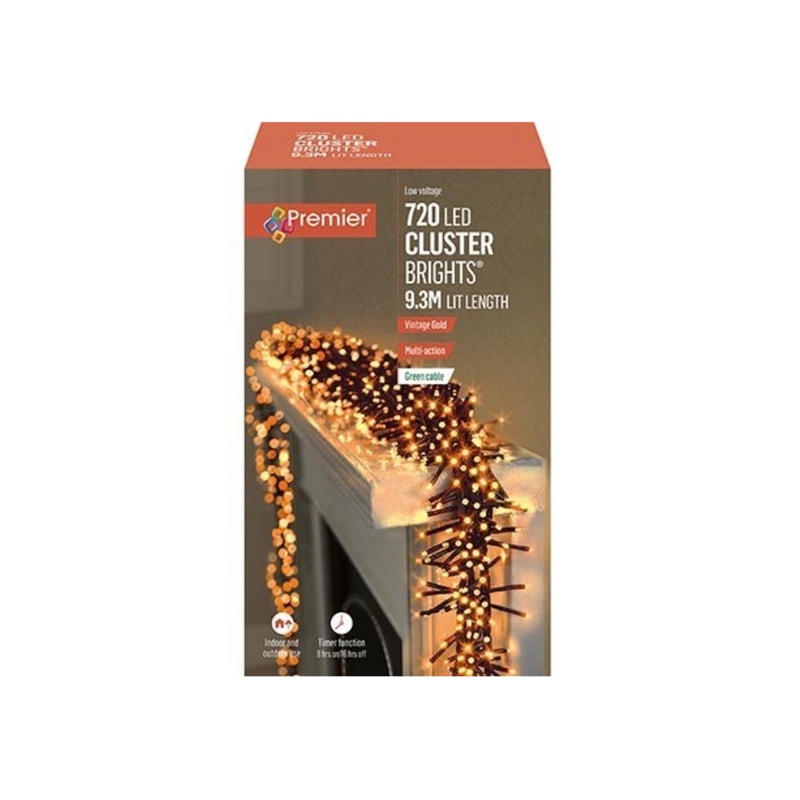 Premier Plug In Christmas Lights (Mains Powered) – Vintage Gold LED Cluster String Lights