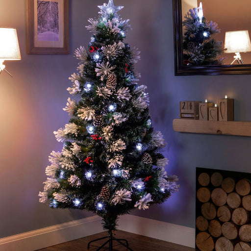 Premier Silver Snow Tipped Tree with White LED Pinecones Berries - 1.8m - Star