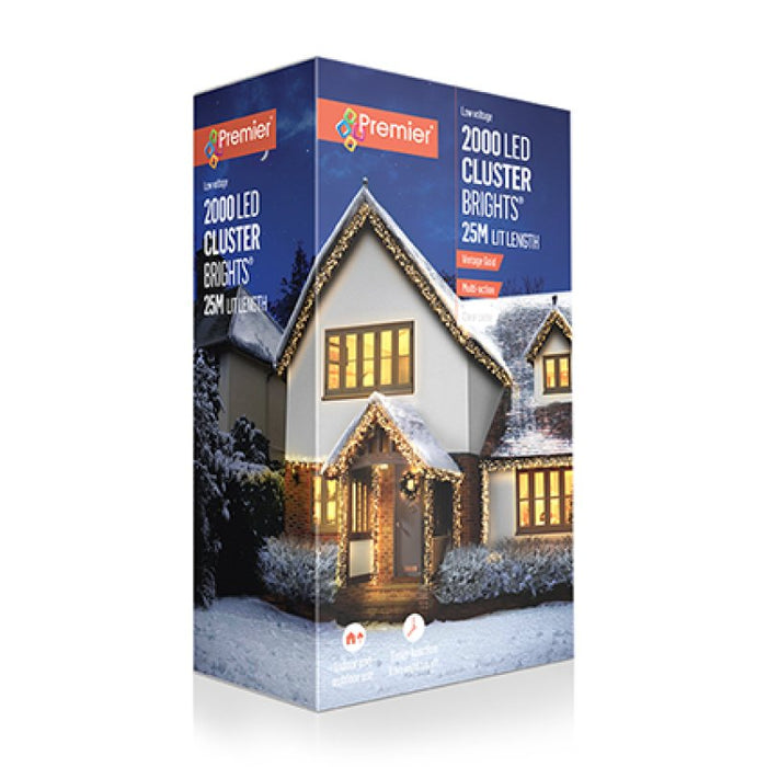 Premier Plug In Christmas Lights (Mains Powered) – Vintage Gold LED Cluster String Lights – Clear Cable