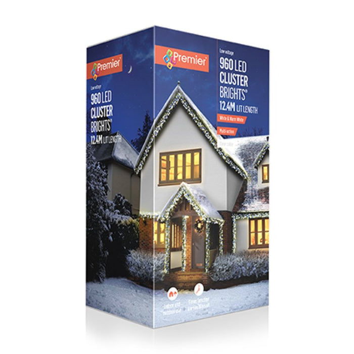 Premier Plug In Christmas Lights (Mains Powered) – Warm White/Cool White LED Cluster String Lights – Clear Cable