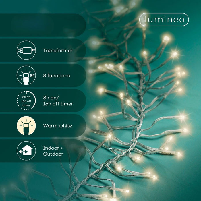 Lumineo Plug In Christmas Lights (Mains Powered) – Warm White LED Cluster String Lights - Clear Cable