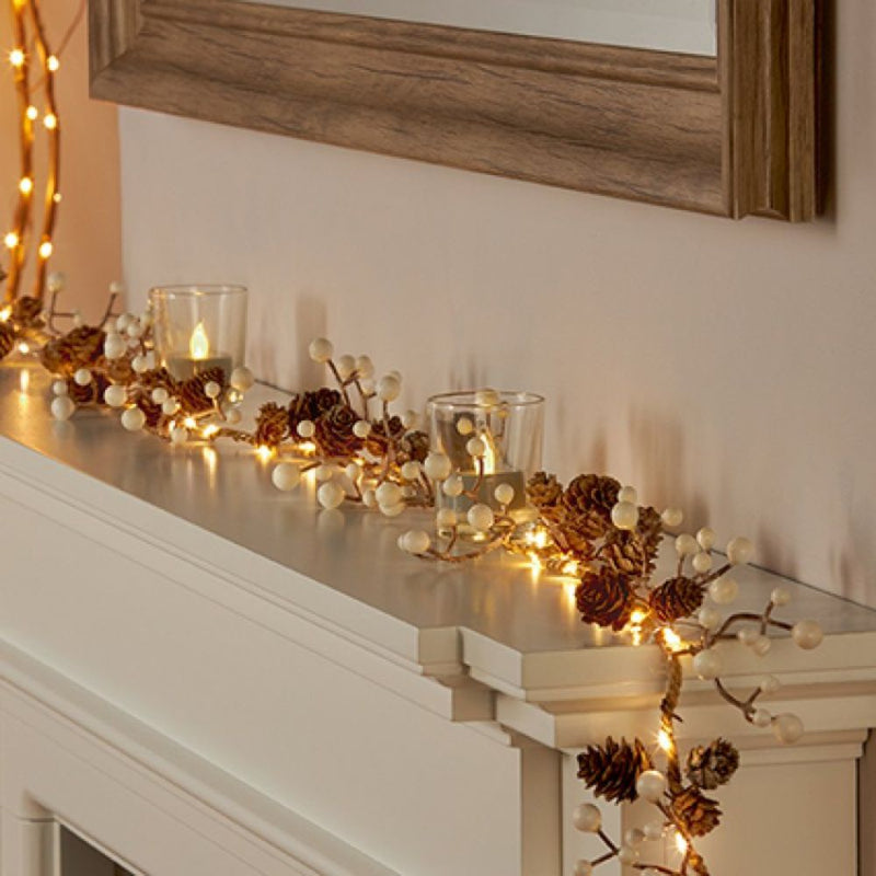 1.65m Lit Rope Garland with Pine Cones and White Berries - Warm White LED