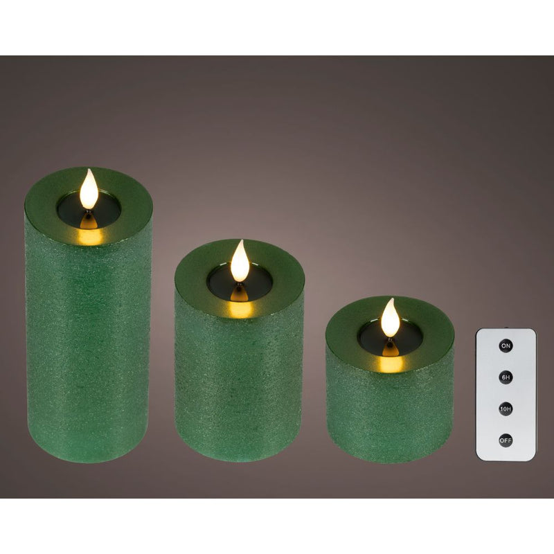 Set of 3 LED Realistic Wick Candle - Green/Warm White