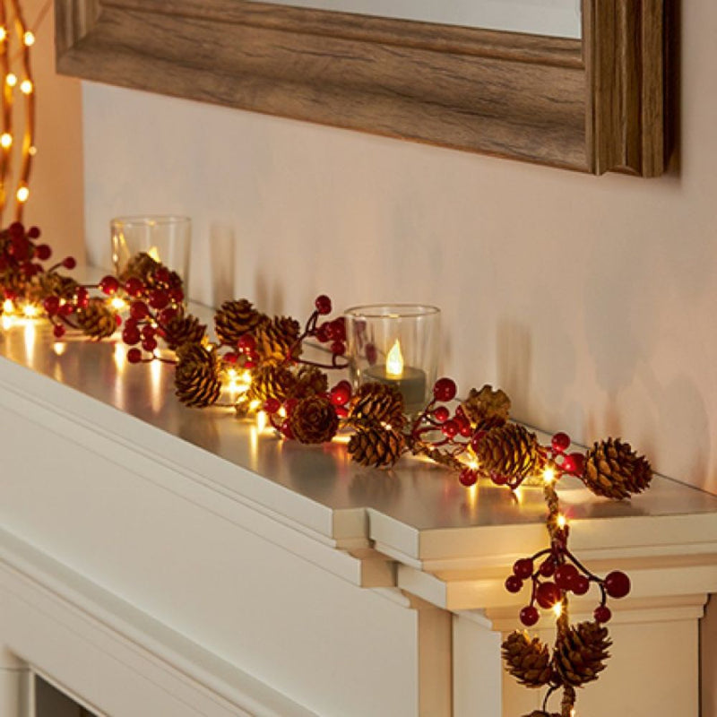 1.6m Lit Rope Garland with Pine Cones and Red Berries - Warm White LED
