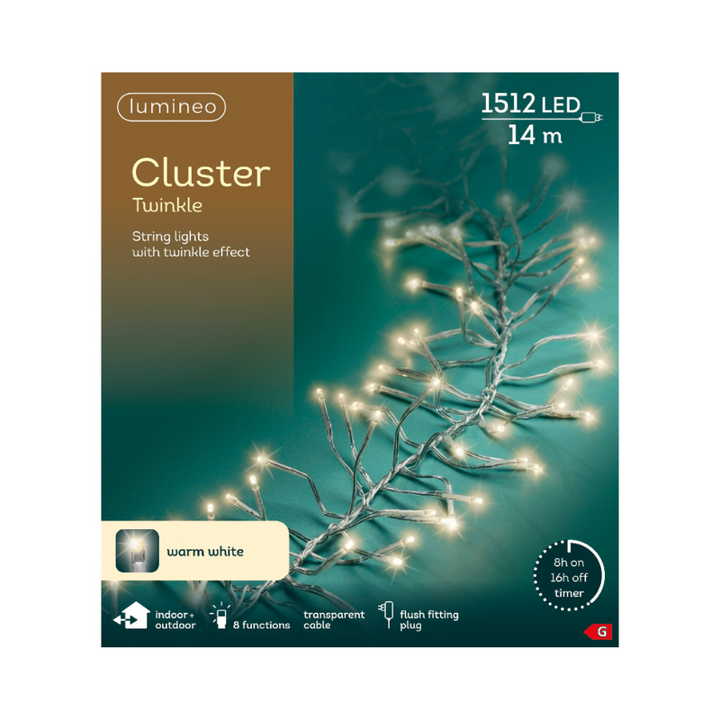 Lumineo Plug In Christmas Lights (Mains Powered) – Warm White LED Cluster String Lights - Clear Cable